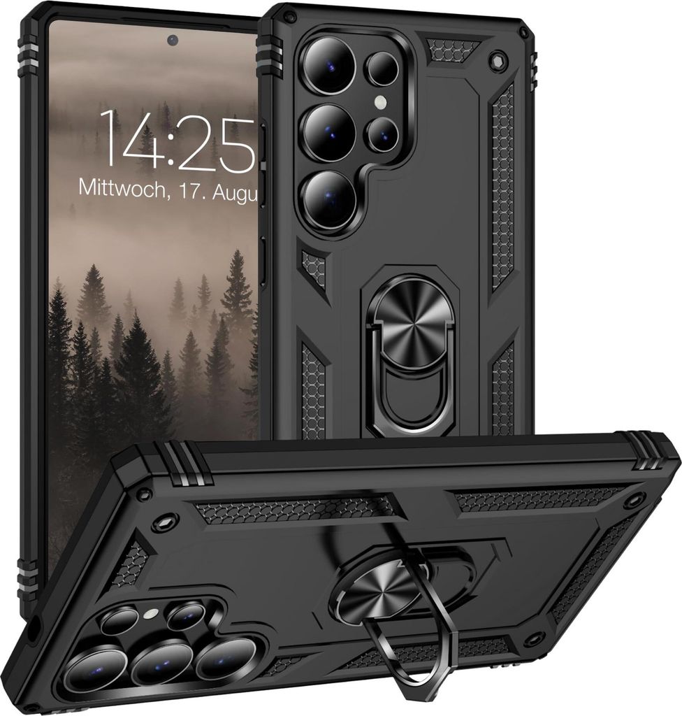 A black rugged phone case with a ring holder is displayed from multiple angles, with a phone screen showing a time and date visible in the background.