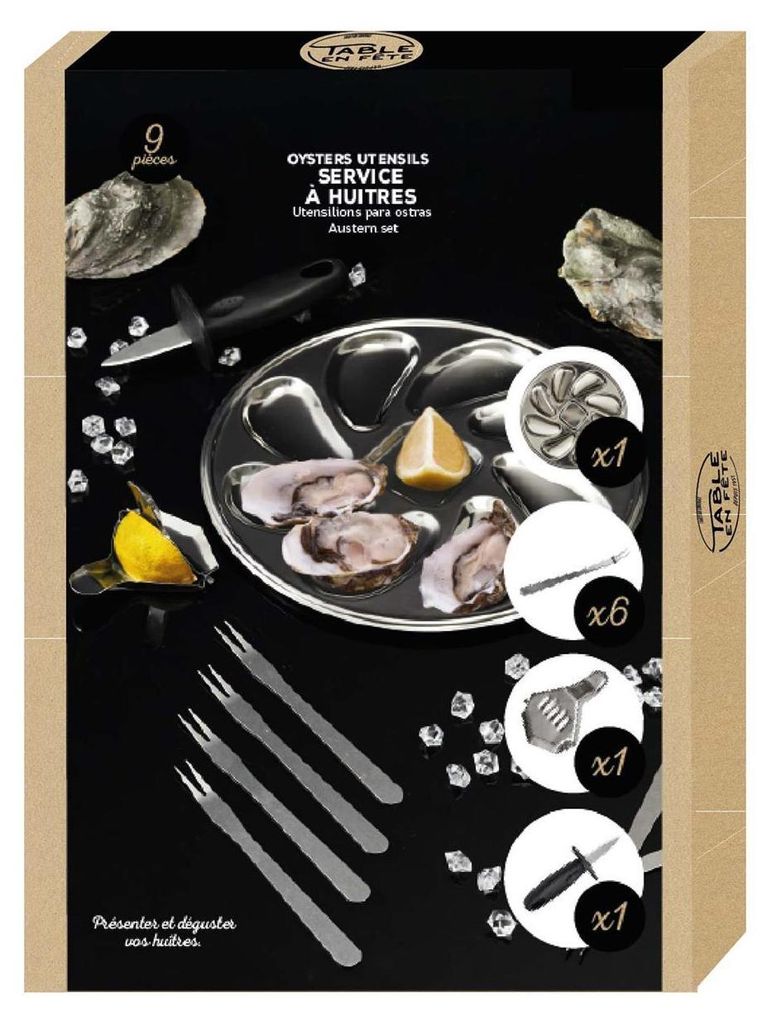 A product box for an oyster utensil set, displaying the contents and the product name in multiple languages.