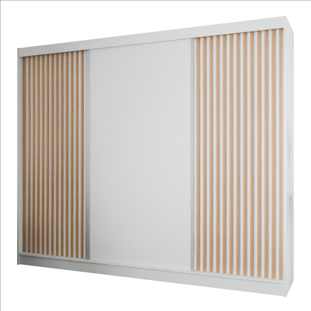 3-türig Kleiderschrank mit Lamellen Paulo stilvoll Schiebtürenchrank für Kleidung modern Schwebetürenchrank mit Regale und Kleiderstange, Farbe...