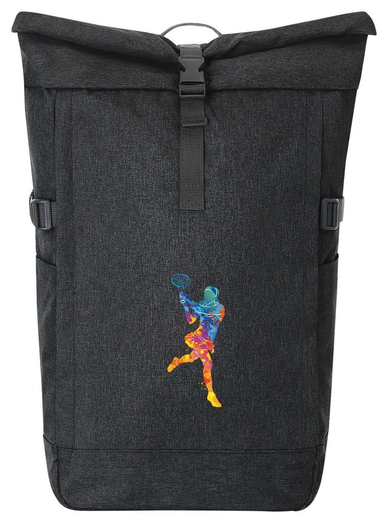 Huuraa Kurierrucksack Tennis Spielerin bunte Silhouette 30-44 Liter Black Melange Fairtrade Rolltop Rucksack Geschenkidee