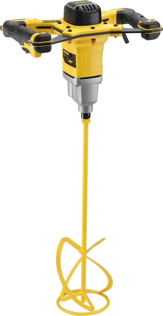 A yellow and black power mixer with a mixing paddle attached, isolated on a white background.