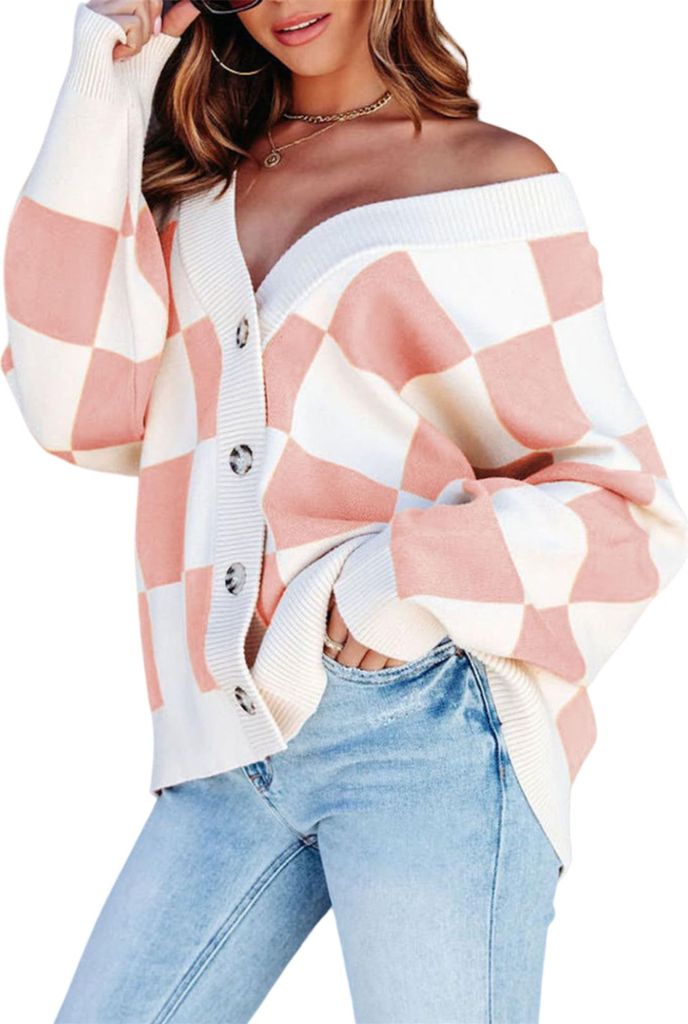 ASKSA Damen Cardigan Karomuster V-Ausschnitt Strickjacke Knopfleiste Lange aermel Strick Oberteile, Rosa, L