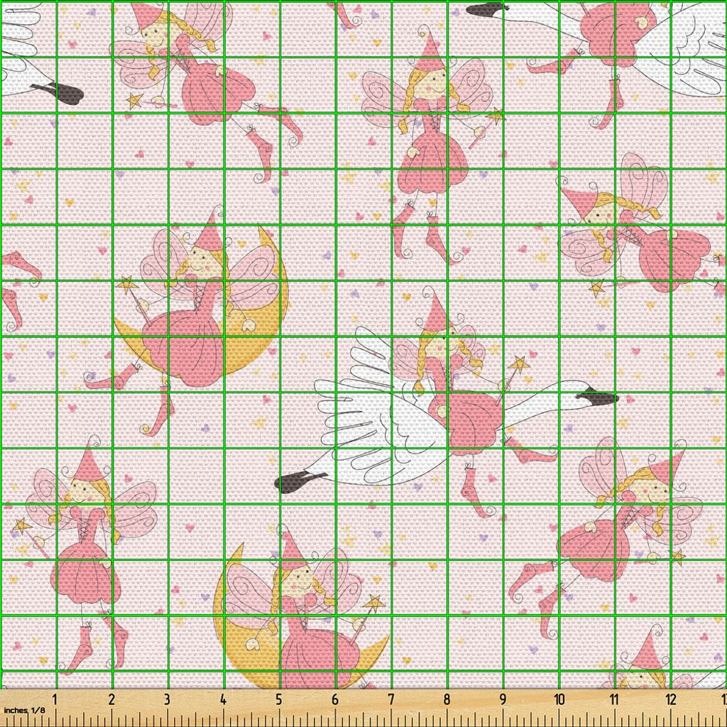 ABAKUHAUS Prinzessin Gewebe als Meterware, Muster Mit Fliegenden Feen Auf Mond Reiten Swan Magical Stick, 3 M (148 x 300 cm), Rose Erde Gelb Pink