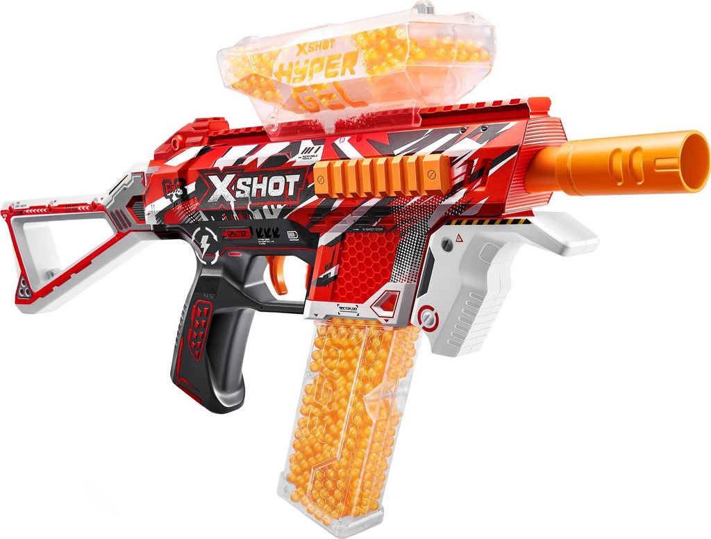 A toy gel blaster gun with pellets loaded in the magazine and hopper.