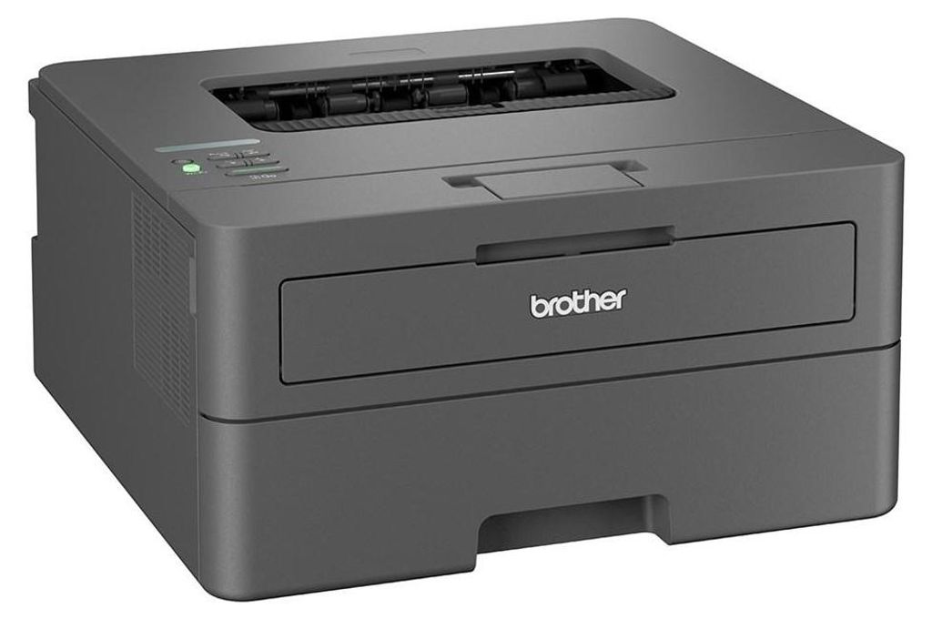 A dark gray Brother laser printer is shown from a front-side angle on a light gray background.