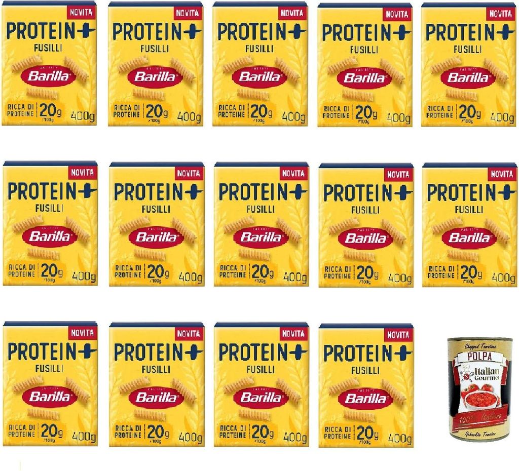Barilla Protein+ Fusilli 400gr, Pasta reich an pflanzlichem Protein, 14x 400 g + Italian Gourmet polpa 400gr