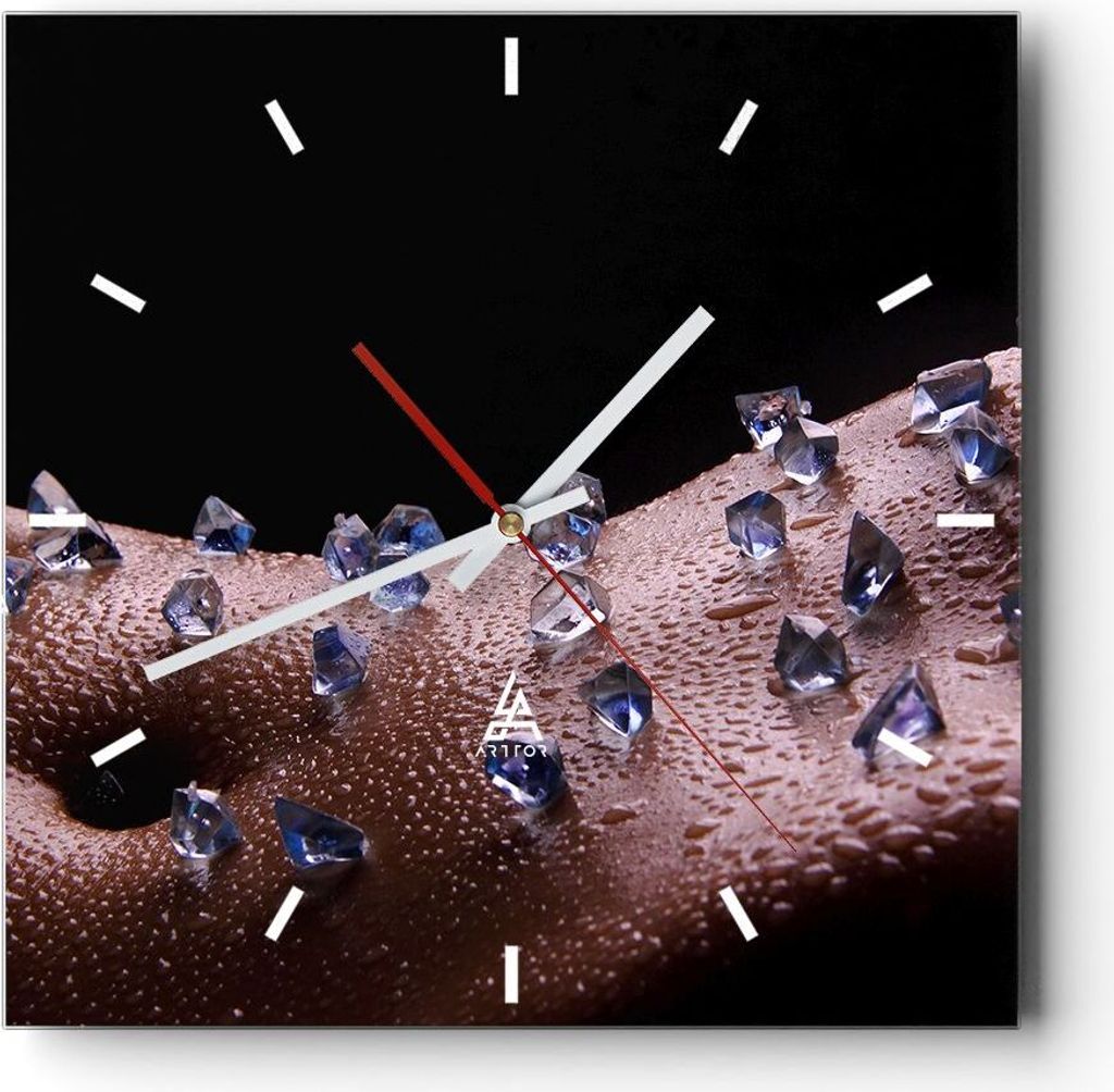 Wanduhr - Quadrat - Glasuhr - Frau Körper Kristalle Wassertropfen - 30x30cm - Schleichendes Uhrwerk - Lautlos - zum Aufhängen bereit - Dekoration...