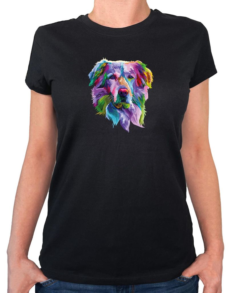 Huuraa Damen T-Shirt Golden Retriever Colorful XXL Black Bio Baumwolle Fairtrade Damenshirt Geschenkidee