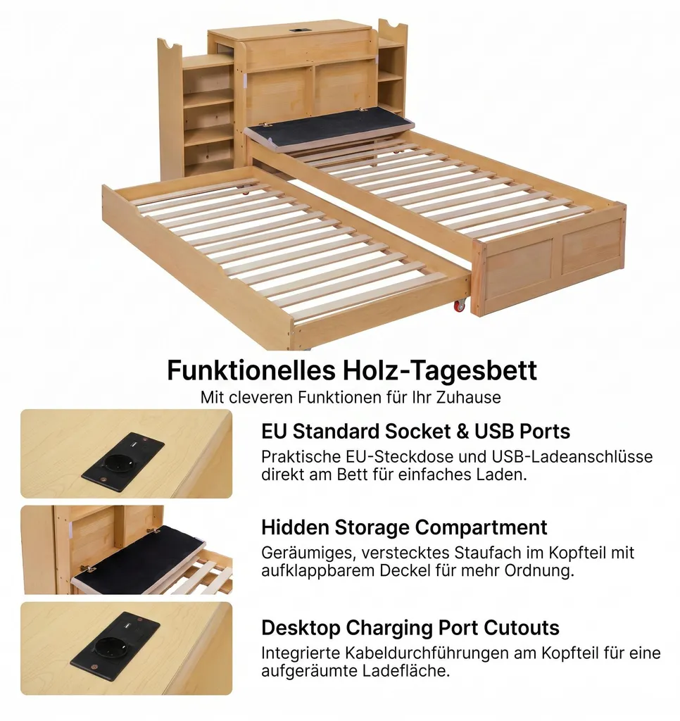 Lit enfant 90x200 cm bois naturel : solution gain de place avec USB - 7