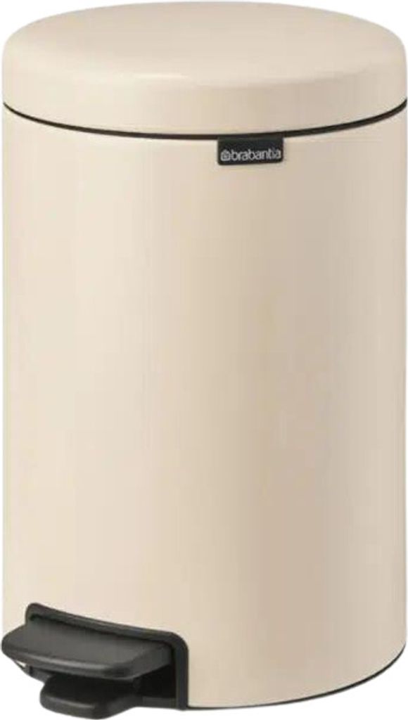A cream-colored Brabantia pedal bin with a black pedal.
