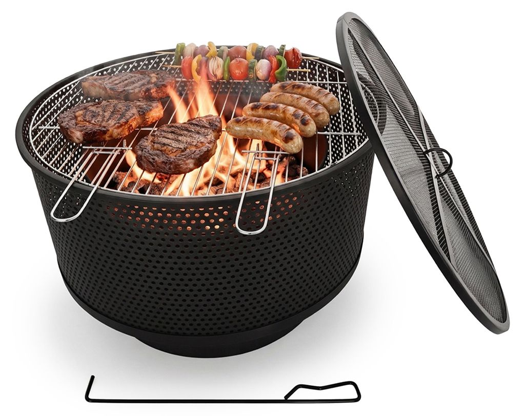 Relaxdays Feuerschale, Ø 61 cm, mit Grillrost, Funkenschutz & Schürhaken, 3 in 1 Feuerstelle Garten, Feuerkorb, schwarz