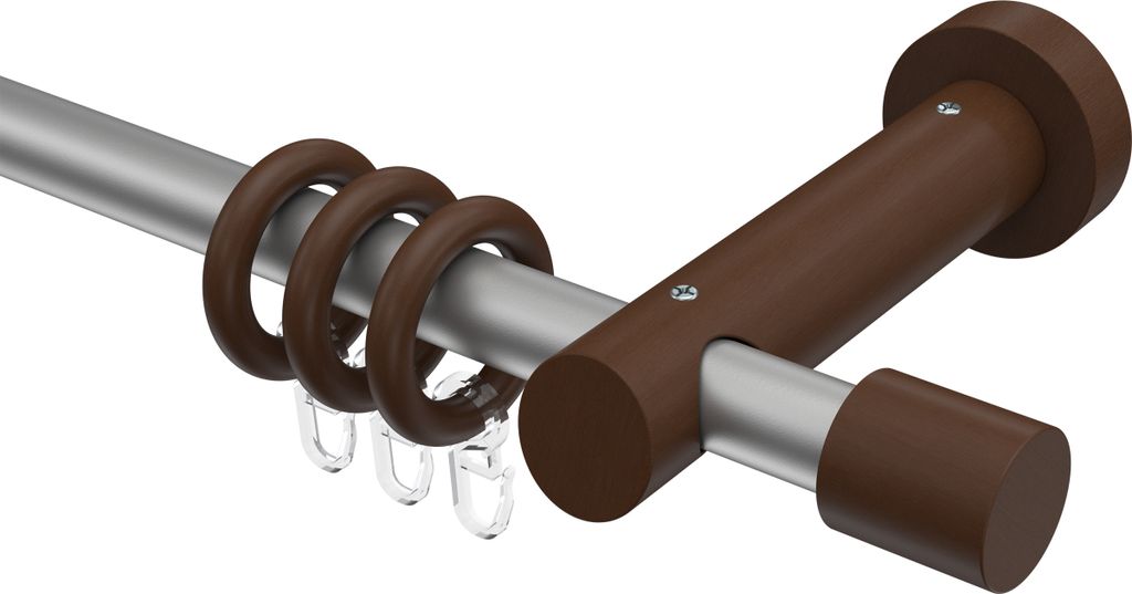 Interdeco Gardinenstange / Vorhangstange Silbergrau / Nussbaum lackiert, Typ Talena Feta (Kappe), 20 mm Ø 1-läufig, 280 cm