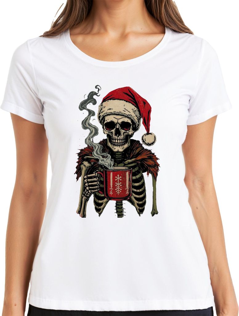 Totenkopf Santa Weihnachtsmann Skelett Becher gruselig Gothic Damen T-Shirt, Weiß, M