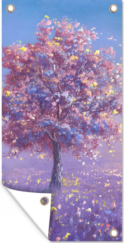 MuchoWow 80x160 cm Outdoor-Poster Gartendeko Sichtschutz Garten Poster für den Garten Baum - Sommer - Rosa