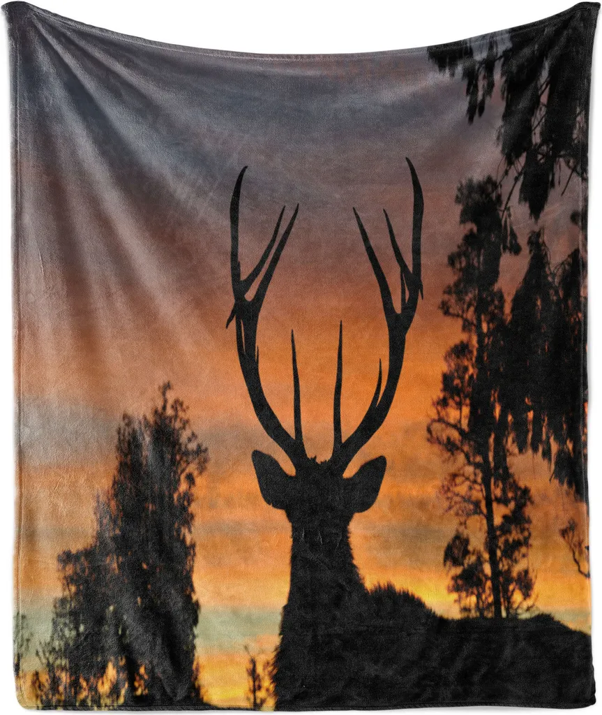 ABAKUHAUS Coperta morbida in flanella e pile con motivo di corna di cervo, cervo nero su sfondo celeste, costa occidentale dell'Isola del Sud della Nuova Zelanda, natura, 175 x 230 cm, sigillo marrone calendula