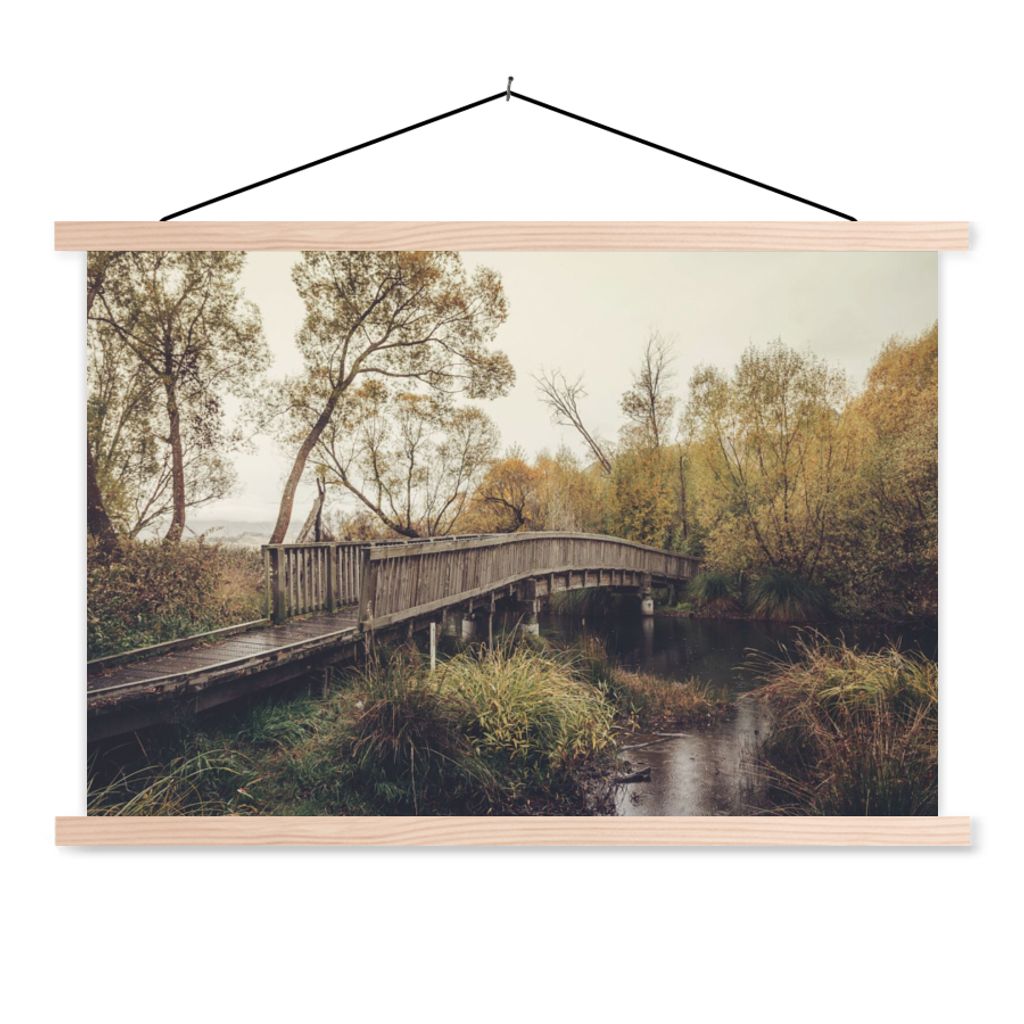MuchoWow Textilposter Herbst - Brücke - Bäume 60x40 cm mit holzfarbenen Rahmen - Bilder