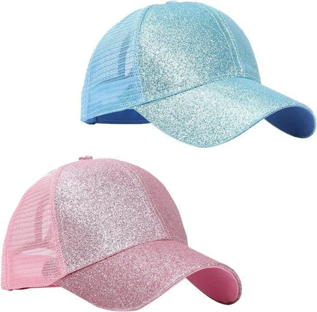 Casquette été sport pour queue de cheval à paillettes bleu rose tendance