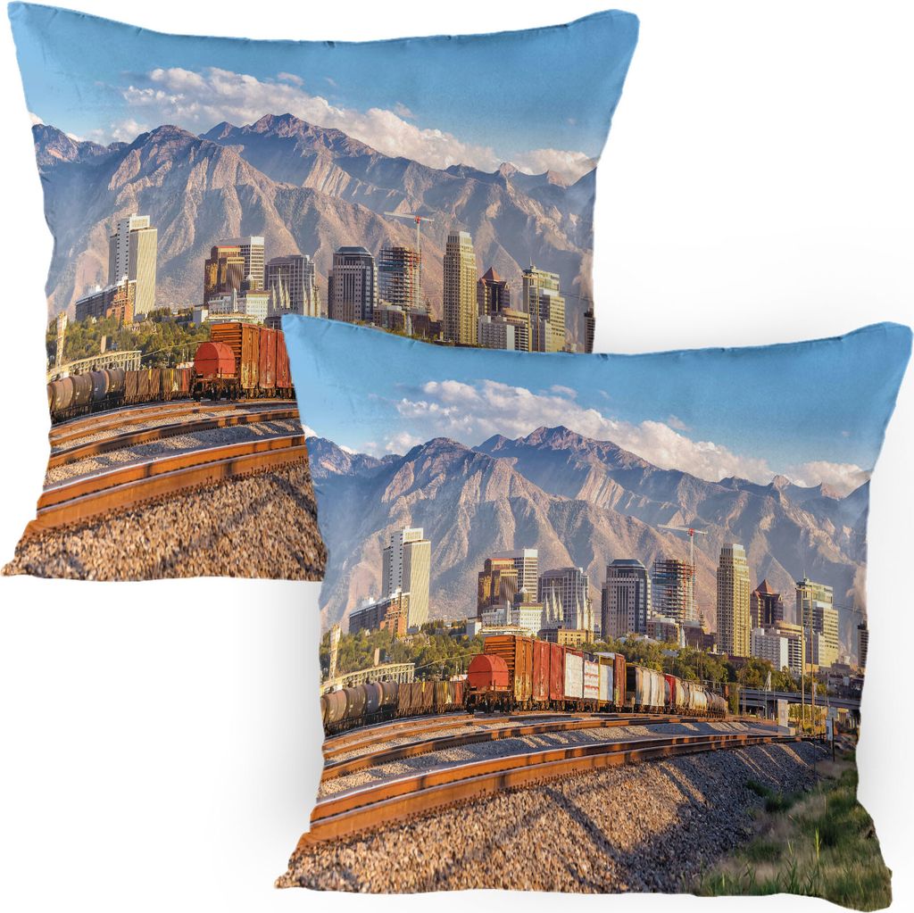ABAKUHAUS Landschaft Kissenbezug Packung mit 2, Im Stadtzentrum gelegene Salt Lake City-Skyline in Utah USA-Eisenbahn-Gebirgsgebäude städtisch, D...