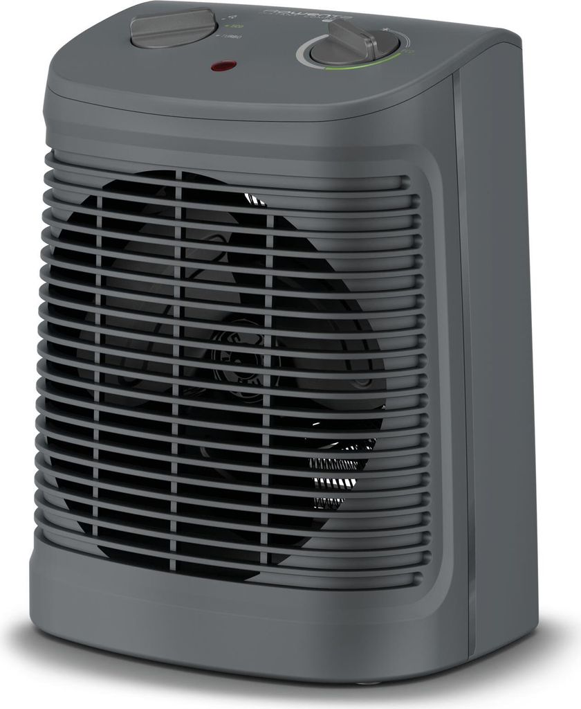 A gray portable electric heater with a fan.