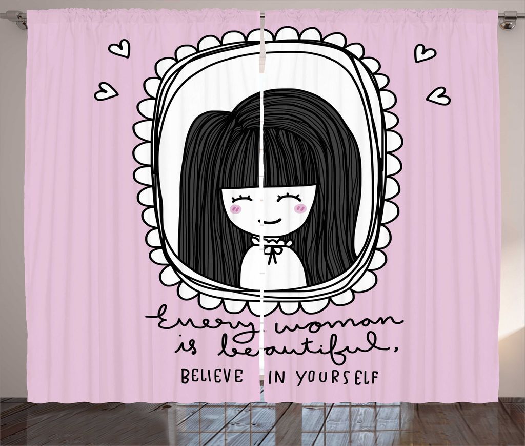 ABAKUHAUS Feminin Rustikaler Gardine, Jede Frau ist, Schlafzimmer Kräuselband Vorhang mit Schlaufen und Haken, 280 x 225 cm, Baby-Rosa Koksgraue