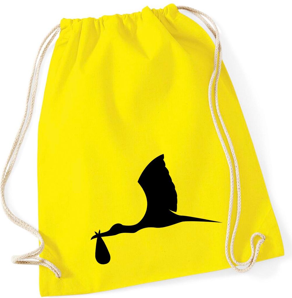 Huuraa Turnbeutel Klapperstorch mit Baby Silhouette 12 Liter Yellow Baumwolle Rucksack Geschenkidee