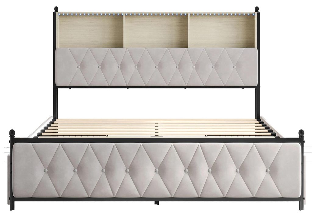Modernes Polsterbett - Bettgestell 140x200 cm - Holz, Samtbezug, Schubladen mit Stauraum, LED-Bücherregal-Kopfteil mit USB-Anschlüssen - Beige