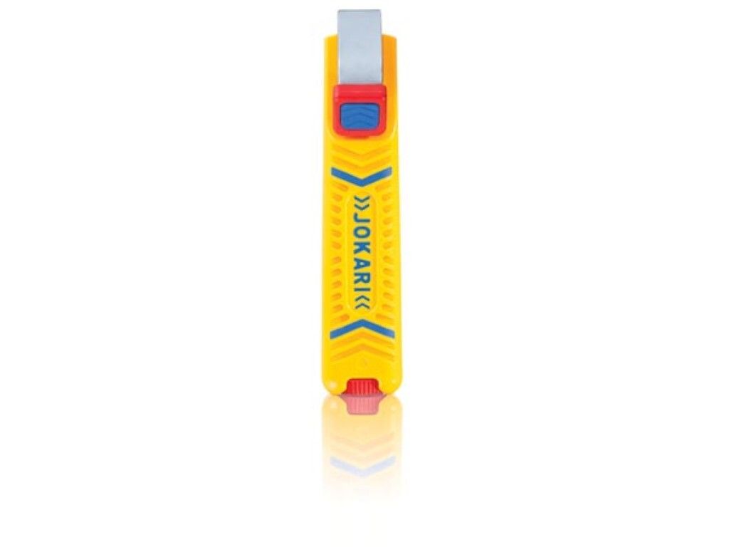 A yellow wire stripper tool with red and blue accents, isolated on a white background.