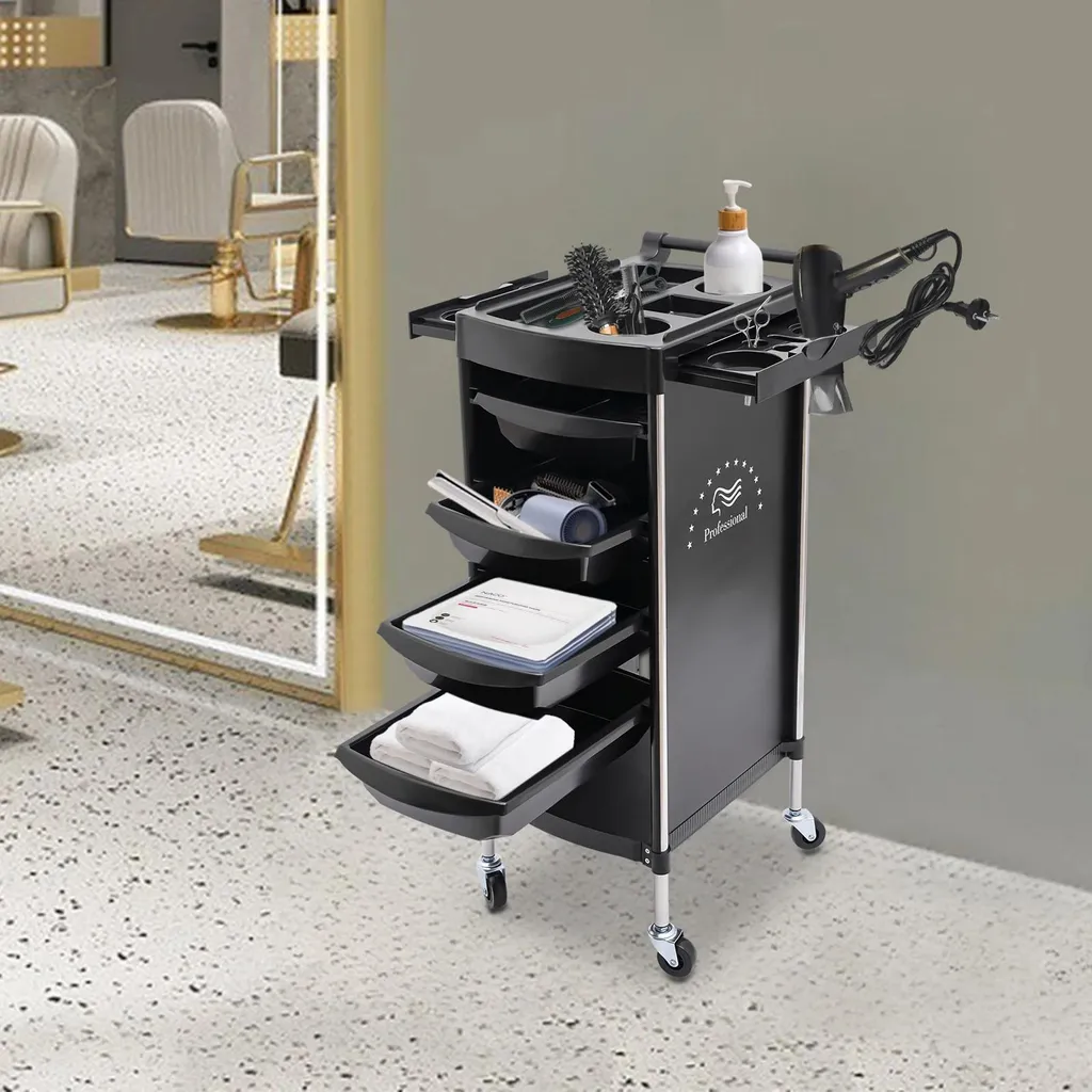 Carrello Parrucchiere Professionale Nero 6 Ripiani 50kg Acciaio