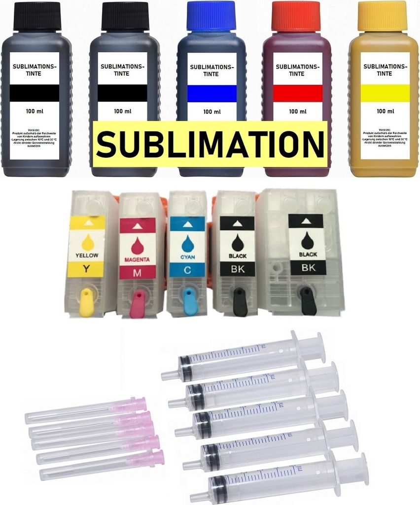 Nachfüllbare Tintenpatronen kompatibel mit Epson 202 XL + 5 x 100 ml Sublimationstinte für Expression Premium XP-6000, XP-6005, XP-6100, XP-6105.