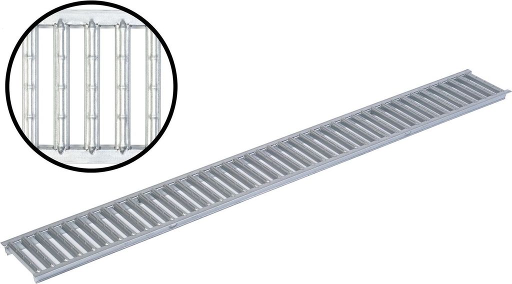 A silver metal drainage grate with a close-up inset view.