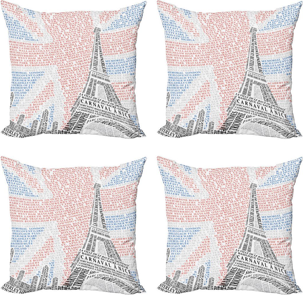 ABAKUHAUS Paris Kissenbezug Set (4 Stück), Eiffelturm auf Union Jack, Moderner Doppelseitiger Digitaldruck, 50 cm x 50 cm, Rot und Schwarz