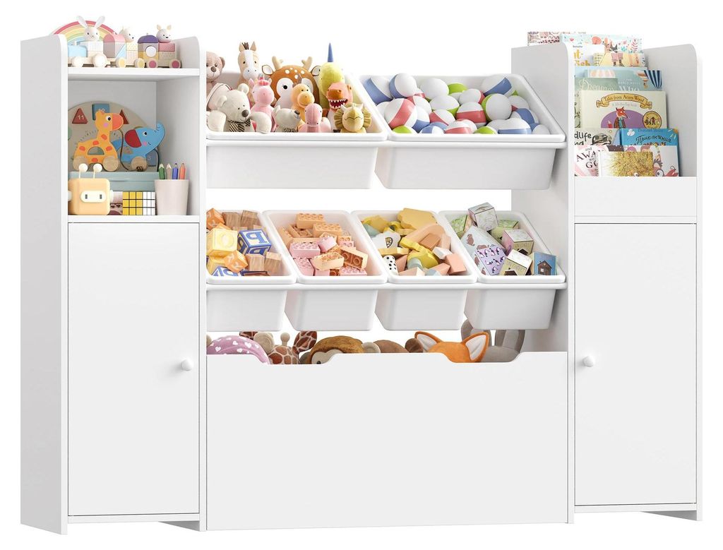 Kinder Spielzeugregal - 3-stöckiges Bücherregal und Schrank - 6 abnehmbare Boxen - 2 Türen - große Schublade mit Rollen - Holz - 138x30x94 cm -...