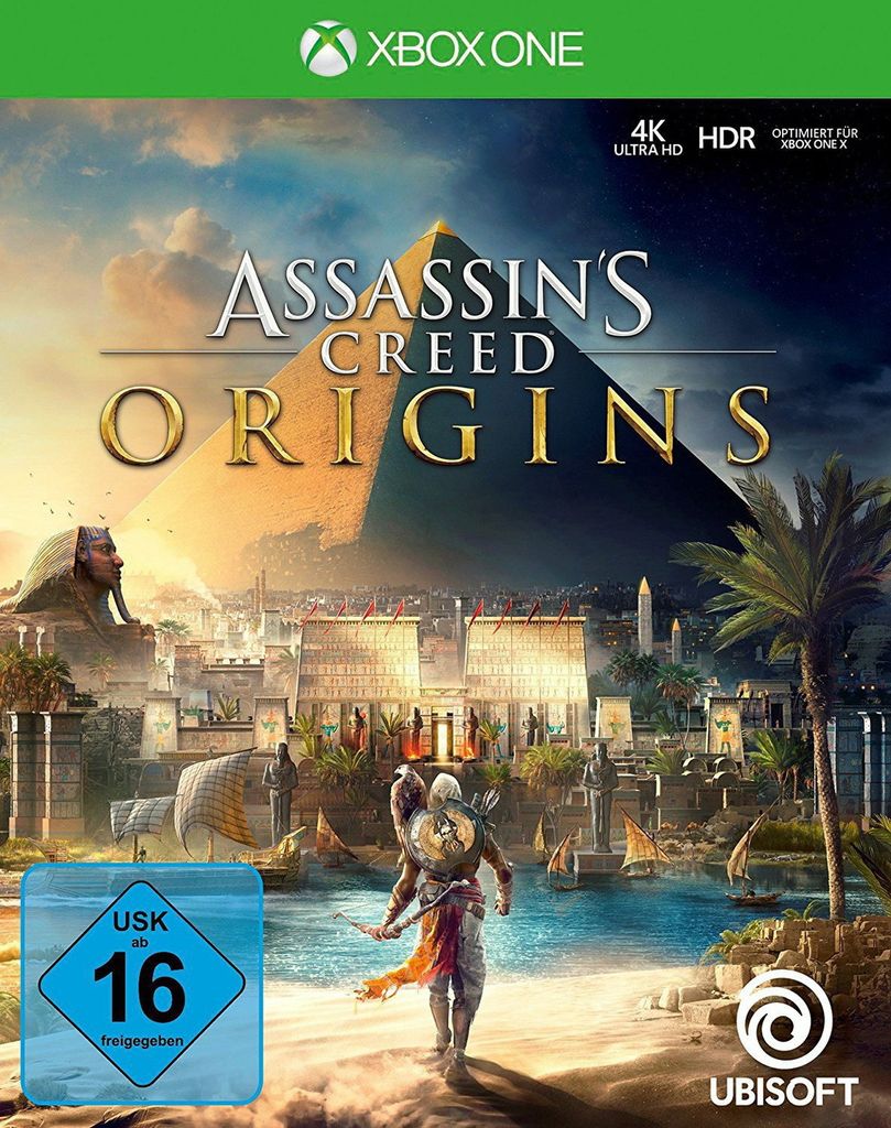 The cover art for the video game Assassin's Creed Origins on Xbox One, featuring a pyramid and ancient Egyptian city.