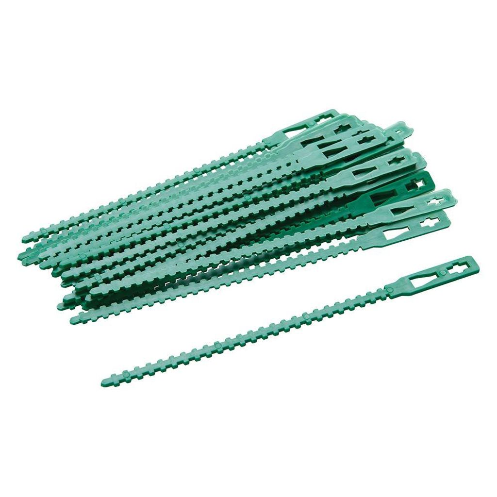 A pile of green plant ties on a white background.