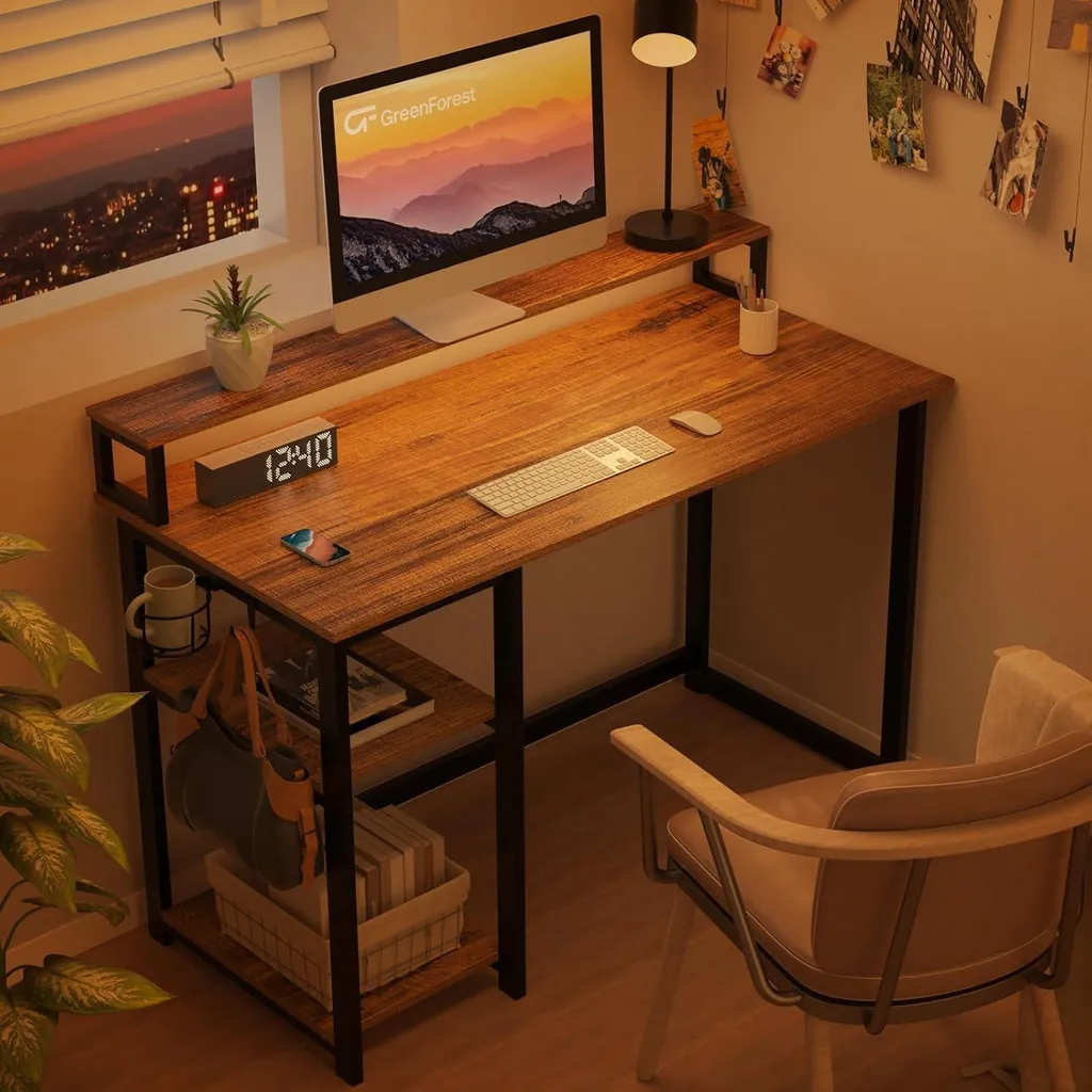 Table de bureau marron 100cm avec rangements et support d'écran intégré - 8