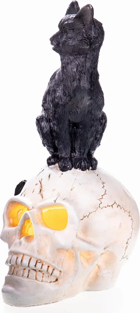 Statuette chat noir gothique et tête de mort - Objet déco mystique en résine