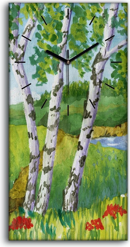 Leinwand Wanduhr Wandkunst Uhr Geräuschlos 30x60 Dekor Malerei Birken Wasser - schwarze Hände