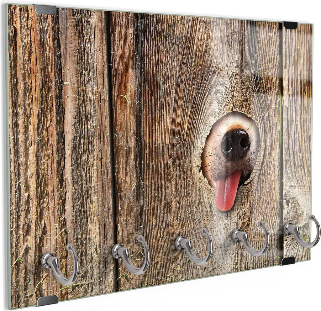 DEQORI Schlüsselbrett Glas 30x20 cm 'Neugierige Hundeschnauze' Schlüssel Halter Haken