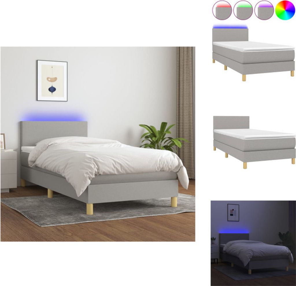 vidaXL Boxspringbett mit Matratze & LED Hellgrau 90x190 cm Stoff - Betten & Bettgestelle