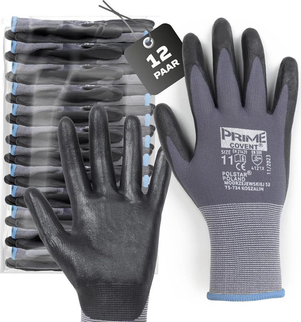 12er Set Covent PRIME Arbeitshandschuhe Herren Gr. 8 – Montagehandschuhe EN388 4121X – Schutzhandschuhe für Bau, KFZ, Wartung & Handwerk