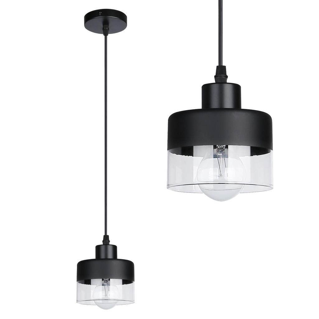 A product shot of a black pendant light with a clear glass shade.