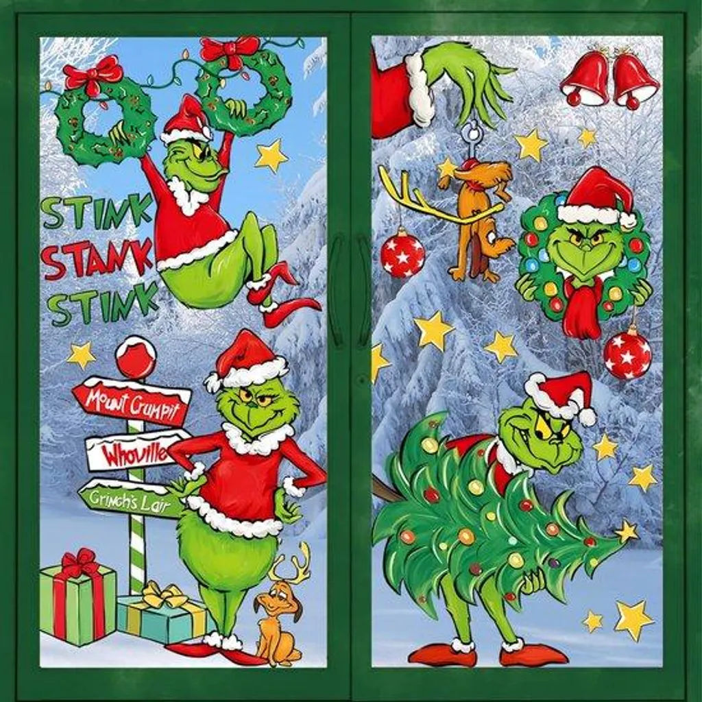 Déco Noël pour vitres verte et repositionnable - Kit complet 9 feuilles