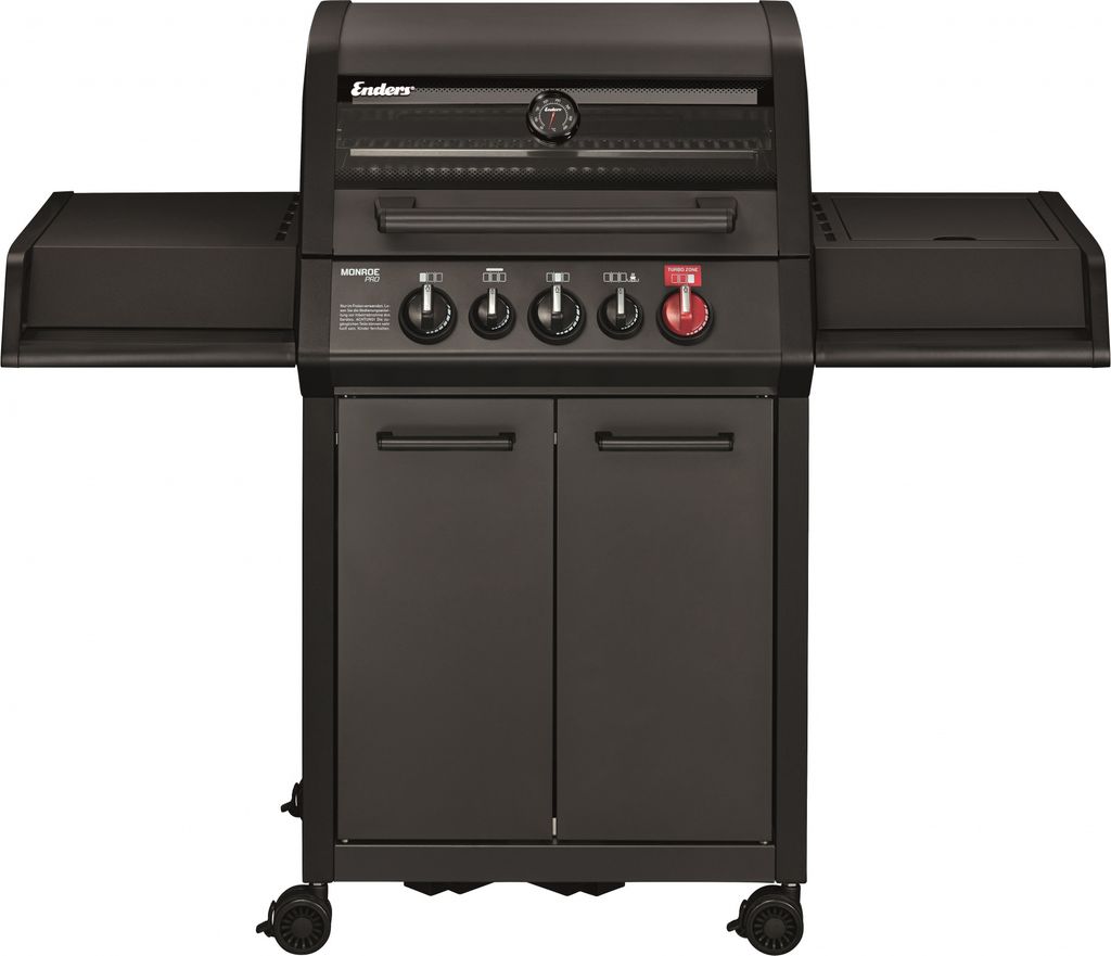 A black gas grill with side shelves and a cabinet base, shown from the front on a white background.