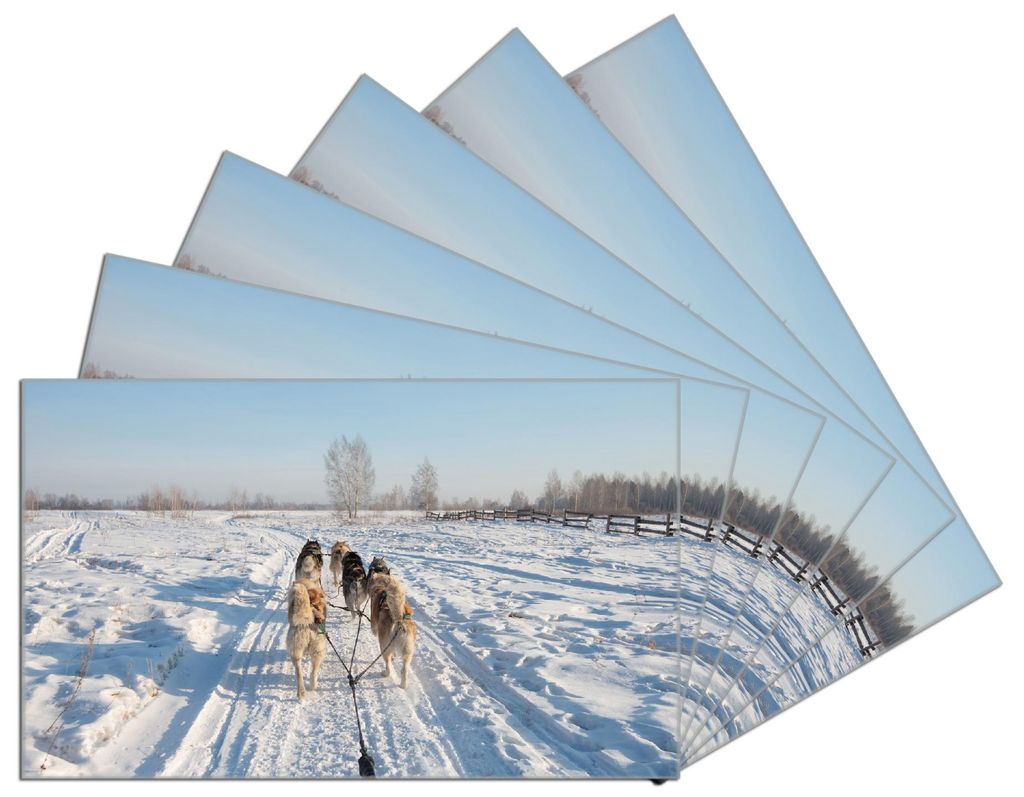 Wallario Frühstücksbrettchen 6er Set aus Glas, je 14 x 23 cm, mit rutschfesten Füßen, Motiv Hundeschlitten im Schnee