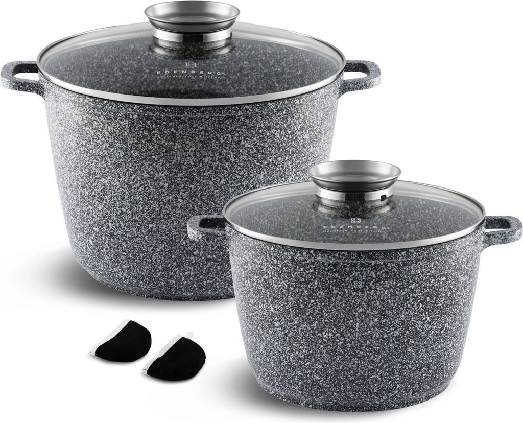 Graues Topfset 4tlg, Großer Topf, Kompotttopf Suppentopf, Kochtopf, Steinbeschichtung, Induktionstöpfe, Glasdeckel (6.2L / 10.0L)