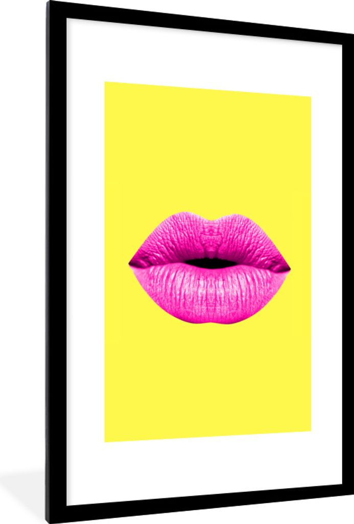 MuchoWow MuchoWow Gerahmtes Poster Lippen - Rosa - Gelb 60x90 cm - Poster mit zchwarzem Bilderrahmen - Dekoration - Wandposter Wohnzimmer - Hoc...