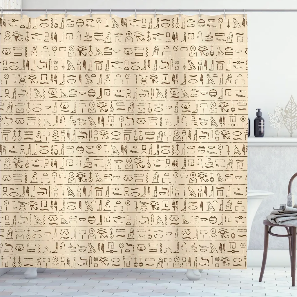 ABAKUHAUS Tenda da doccia egiziana, antichi geroglifici scritti a mano in lingua antica, bordi con motivo decorativo, 175 x 200 cm, Tan Brown