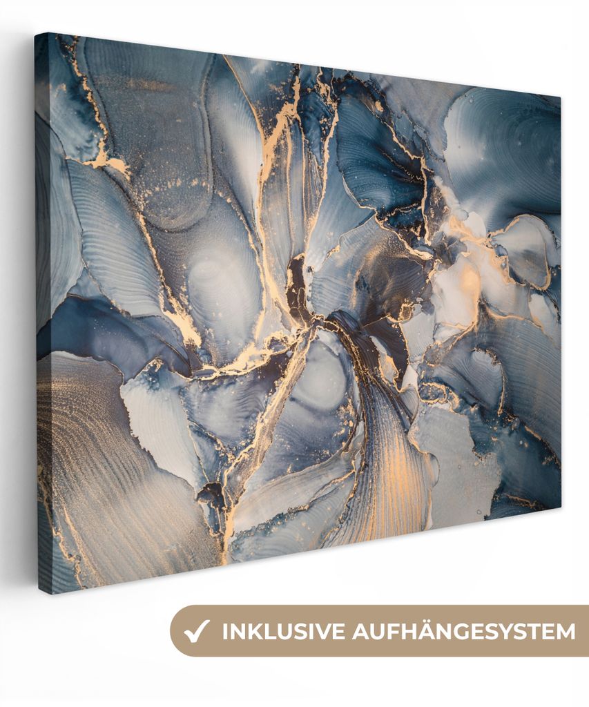 MuchoWow - Leinwandbilder - Marmor - Grau - Blau - Luxus - Gold, Wandbild, Wanddeko Bilder Wohnzimmer, 40x30 cm