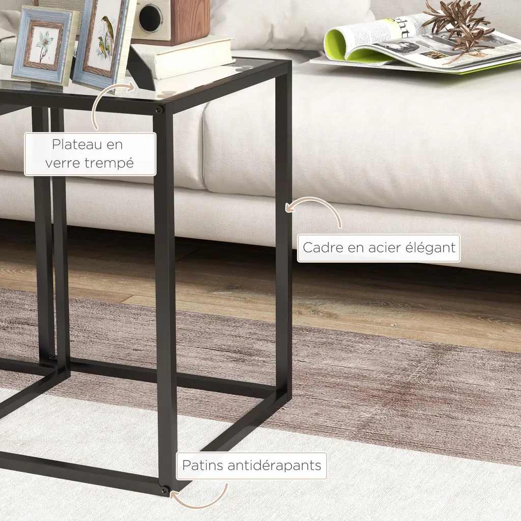 Table d'Appoint Salon Stable avec Patins Antidérapants : Set de 2 Noires - 4