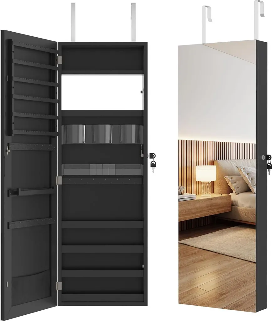 YUENFONG Armadietto portagioielli Armadietto con specchio appeso Armadietto con specchio con serratura 2 in 1 specchio da parete e organizzatore di gioielli, armadietto per il trucco con specchio (montato a parete, nero)
